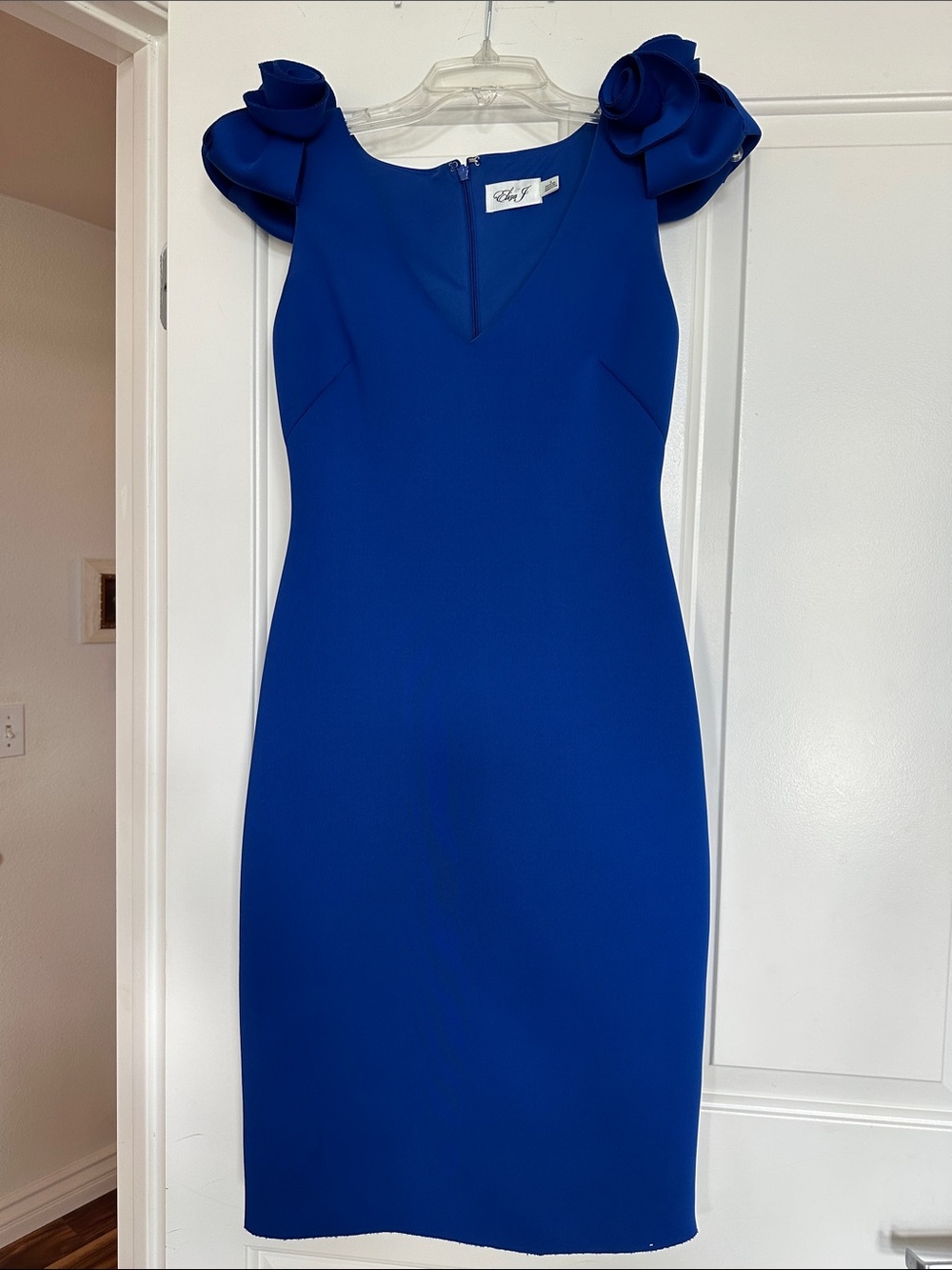 Eliza J Royal Blue Midi Sheath with Rosette Sleeves